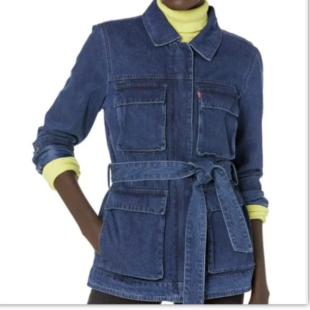 Levi's Jacket Women's Large Blue Midweight‎ Belted Shirt Jacket Cotton